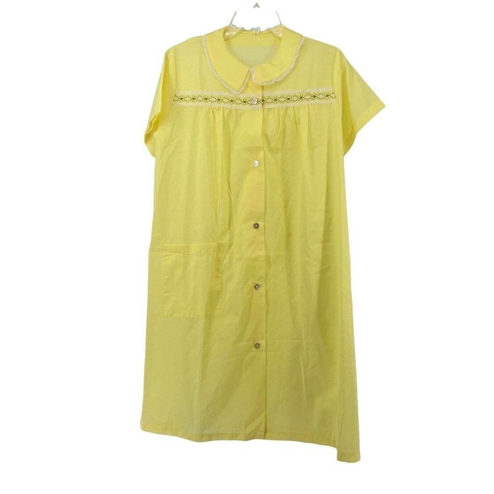 Vintage House Gown Yellow Crazy Katz Size S Button Front Lace Short Sleeve Cute